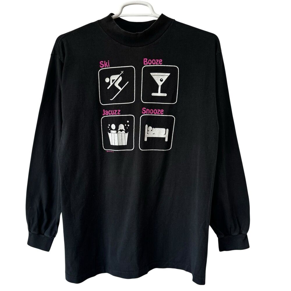 VTG 80 90s Ski T-Shirt Black Size XL Mock Neck Long Sleeve Retro Cool Skier CYRK